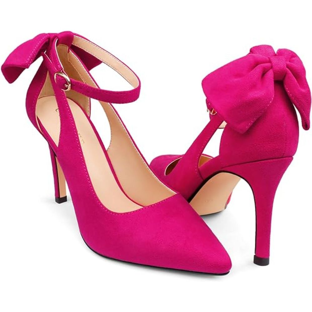 Womens Bow Knot Pink High Heels Pointed Toe Stiletto Ankle Strap D'Orsay Pumps